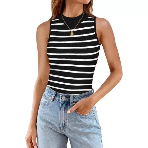ZESICA Womens Ribbed Tank Tops High Neck Slim Fitted Striped Basic Casual Summer Sleeveless ShirtsBlack