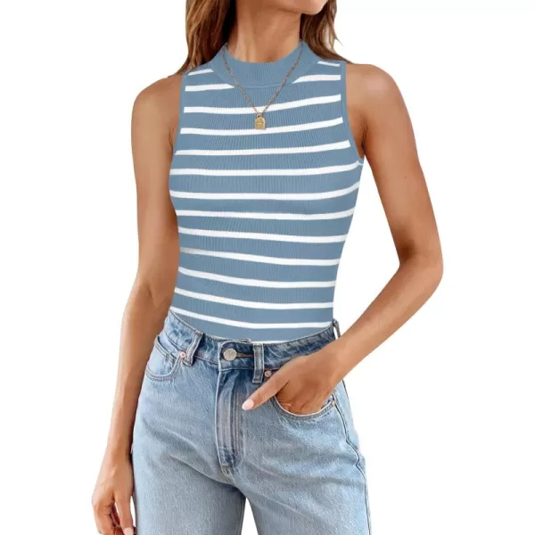 ZESICA Womens Ribbed Tank Tops High Neck Slim Fitted Striped Basic Casual Summer Sleeveless ShirtsBlue