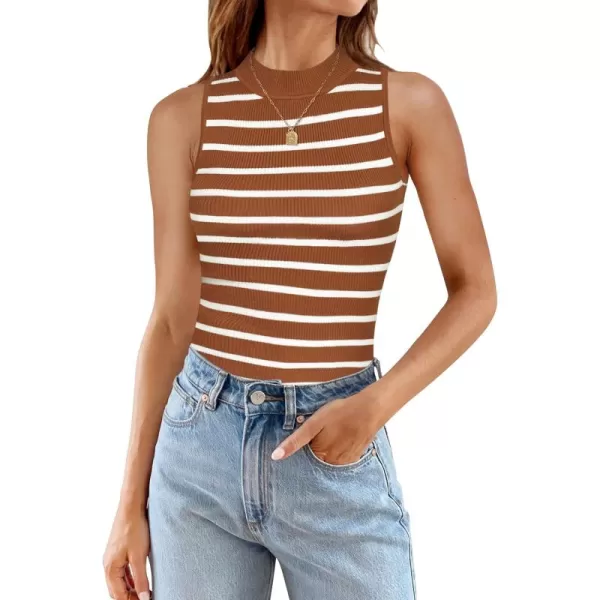 ZESICA Womens Ribbed Tank Tops High Neck Slim Fitted Striped Basic Casual Summer Sleeveless ShirtsBrown