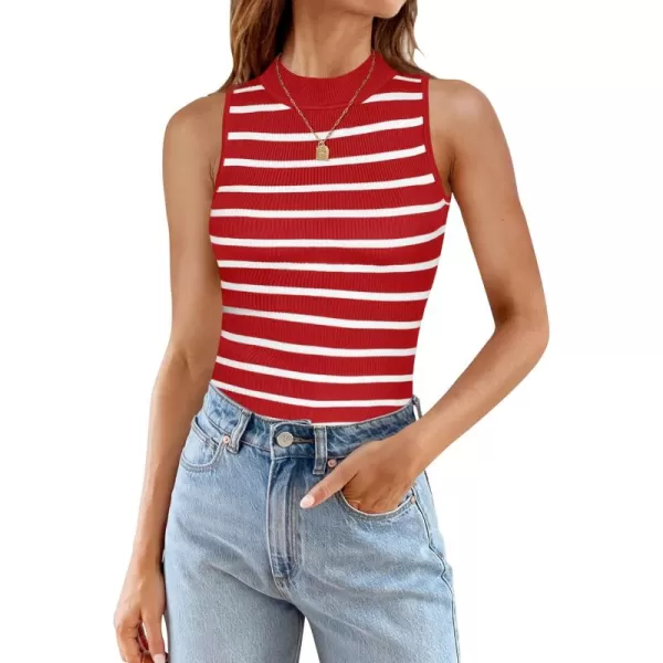 ZESICA Womens Ribbed Tank Tops High Neck Slim Fitted Striped Basic Casual Summer Sleeveless ShirtsRed