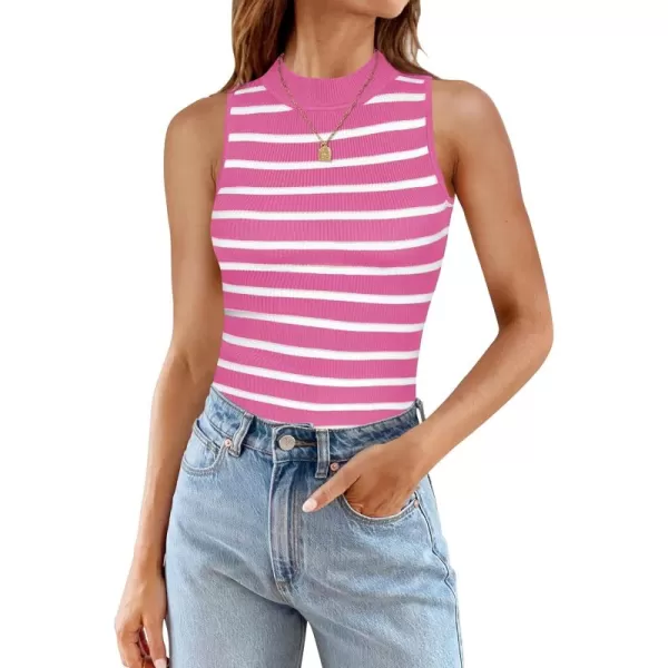 ZESICA Womens Ribbed Tank Tops High Neck Slim Fitted Striped Basic Casual Summer Sleeveless ShirtsRose