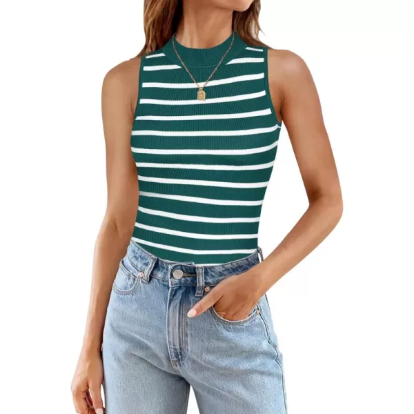 ZESICA Womens Ribbed Tank Tops High Neck Slim Fitted Striped Basic Casual Summer Sleeveless ShirtsTeal