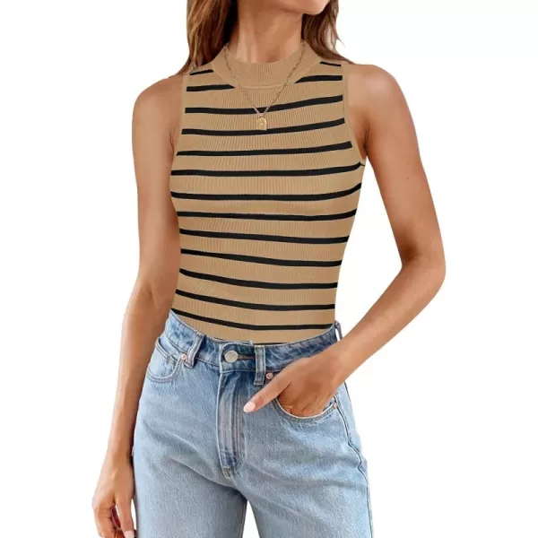 ZESICA Womens Ribbed Tank Tops High Neck Slim Fitted Striped Basic Casual Summer Sleeveless ShirtsToffee