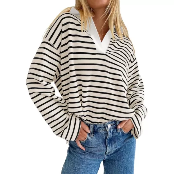 ZESICA Womens Striped Long Sleeve Shirts 2024 Casual V Neck Oversized Sweatshirt Loose Fit Tunic Tops Fall BlousesApricot