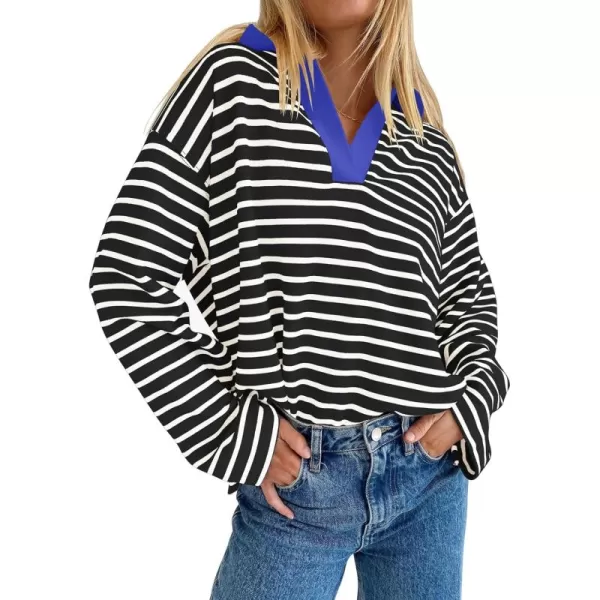 ZESICA Womens Striped Long Sleeve Shirts 2024 Casual V Neck Oversized Sweatshirt Loose Fit Tunic Tops Fall BlousesBlack