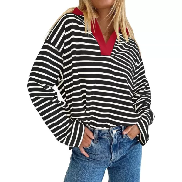 ZESICA Womens Striped Long Sleeve Shirts 2024 Casual V Neck Oversized Sweatshirt Loose Fit Tunic Tops Fall BlousesBlack Red