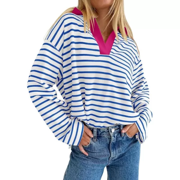 ZESICA Womens Striped Long Sleeve Shirts 2024 Casual V Neck Oversized Sweatshirt Loose Fit Tunic Tops Fall BlousesBlue