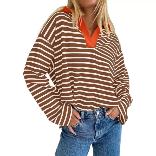 ZESICA Womens Striped Long Sleeve Shirts 2024 Casual V Neck Oversized Sweatshirt Loose Fit Tunic Tops Fall BlousesBrown