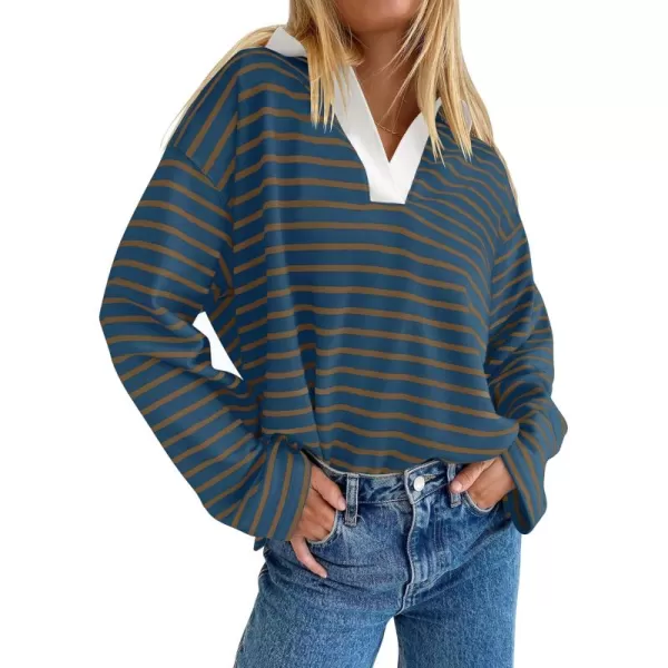 ZESICA Womens Striped Long Sleeve Shirts 2024 Casual V Neck Oversized Sweatshirt Loose Fit Tunic Tops Fall BlousesDarkblue