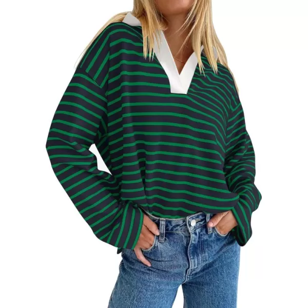 ZESICA Womens Striped Long Sleeve Shirts 2024 Casual V Neck Oversized Sweatshirt Loose Fit Tunic Tops Fall BlousesDarkgreen
