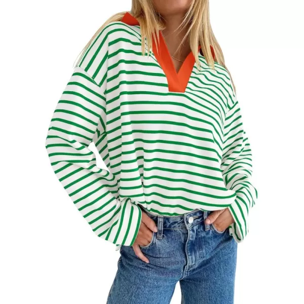 ZESICA Womens Striped Long Sleeve Shirts 2024 Casual V Neck Oversized Sweatshirt Loose Fit Tunic Tops Fall BlousesGreen