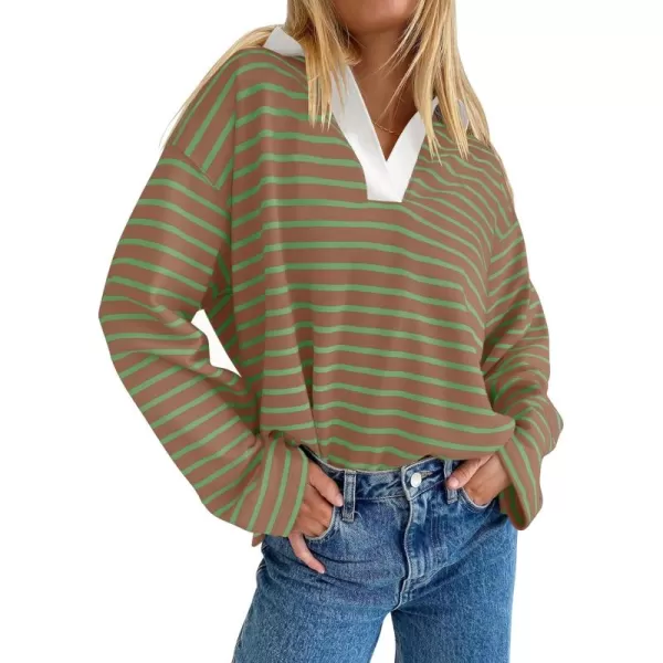 ZESICA Womens Striped Long Sleeve Shirts 2024 Casual V Neck Oversized Sweatshirt Loose Fit Tunic Tops Fall BlousesKhaki