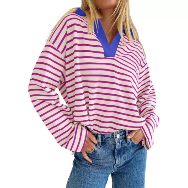 ZESICA Womens Striped Long Sleeve Shirts 2024 Casual V Neck Oversized Sweatshirt Loose Fit Tunic Tops Fall BlousesRose