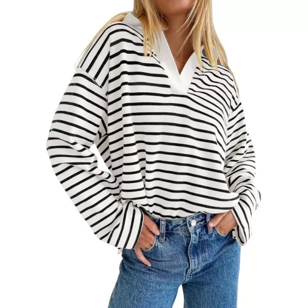 ZESICA Womens Striped Long Sleeve Shirts 2024 Casual V Neck Oversized Sweatshirt Loose Fit Tunic Tops Fall BlousesWhite