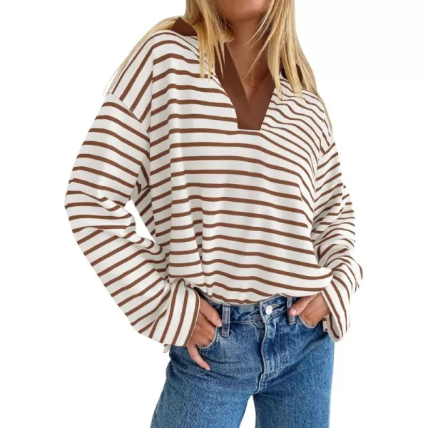ZESICA Womens Striped Long Sleeve Shirts 2024 Casual V Neck Oversized Sweatshirt Loose Fit Tunic Tops Fall BlousesWhite Brown