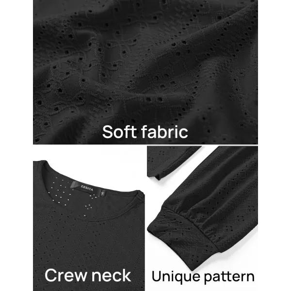 ZESICA Long Sleeve Eyelet Tops for Womens Crew Neck Fall Shirts Casual Loose Blouses 2024 Trendy ClothesBlack