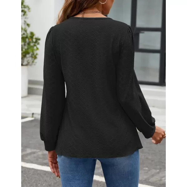 ZESICA Long Sleeve Eyelet Tops for Womens Crew Neck Fall Shirts Casual Loose Blouses 2024 Trendy ClothesBlack