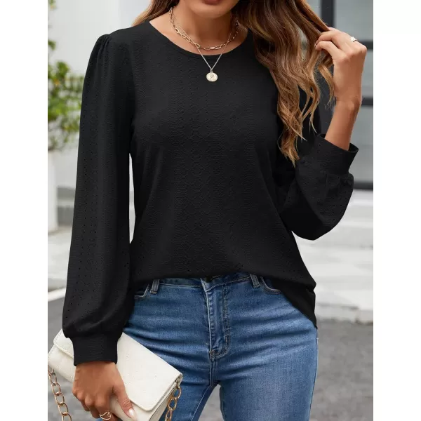 ZESICA Long Sleeve Eyelet Tops for Womens Crew Neck Fall Shirts Casual Loose Blouses 2024 Trendy ClothesBlack