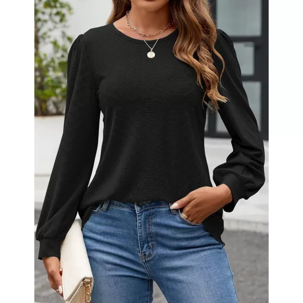 ZESICA Long Sleeve Eyelet Tops for Womens Crew Neck Fall Shirts Casual Loose Blouses 2024 Trendy ClothesBlack