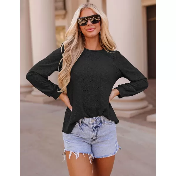 ZESICA Long Sleeve Eyelet Tops for Womens Crew Neck Fall Shirts Casual Loose Blouses 2024 Trendy ClothesBlack