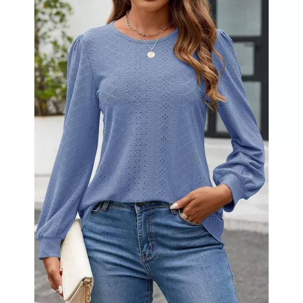 ZESICA Long Sleeve Eyelet Tops for Womens Crew Neck Fall Shirts Casual Loose Blouses 2024 Trendy ClothesBlue
