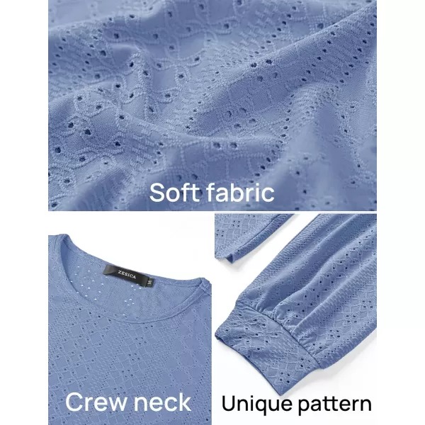 ZESICA Long Sleeve Eyelet Tops for Womens Crew Neck Fall Shirts Casual Loose Blouses 2024 Trendy ClothesBlue