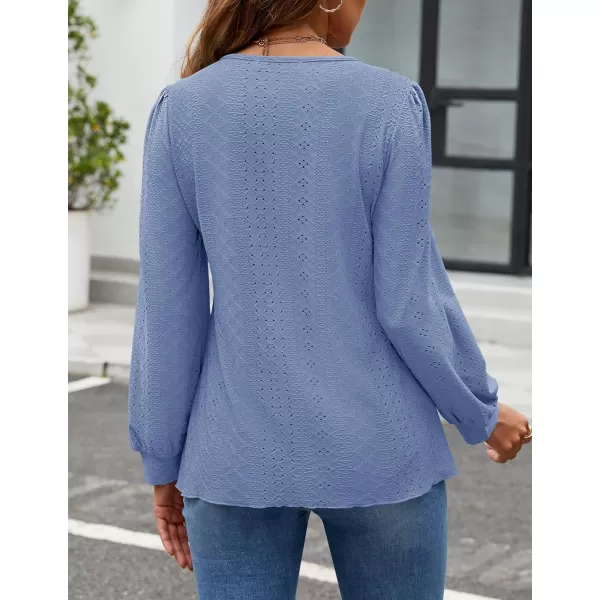 ZESICA Long Sleeve Eyelet Tops for Womens Crew Neck Fall Shirts Casual Loose Blouses 2024 Trendy ClothesBlue