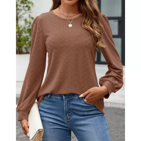 ZESICA Long Sleeve Eyelet Tops for Womens Crew Neck Fall Shirts Casual Loose Blouses 2024 Trendy ClothesCaramel