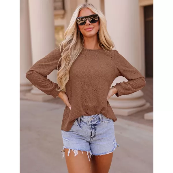 ZESICA Long Sleeve Eyelet Tops for Womens Crew Neck Fall Shirts Casual Loose Blouses 2024 Trendy ClothesCaramel