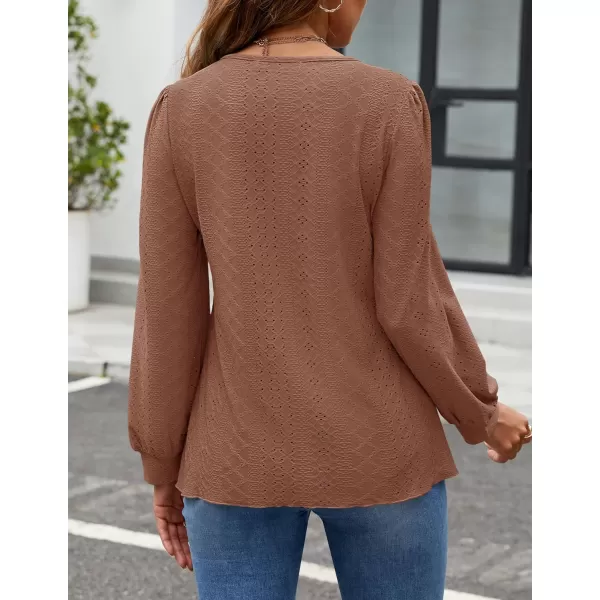 ZESICA Long Sleeve Eyelet Tops for Womens Crew Neck Fall Shirts Casual Loose Blouses 2024 Trendy ClothesCaramel