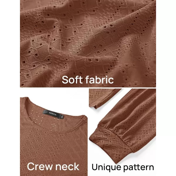 ZESICA Long Sleeve Eyelet Tops for Womens Crew Neck Fall Shirts Casual Loose Blouses 2024 Trendy ClothesCaramel