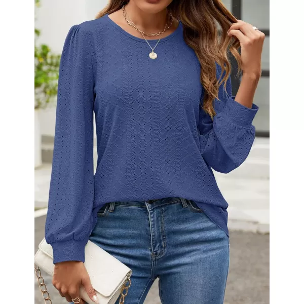 ZESICA Long Sleeve Eyelet Tops for Womens Crew Neck Fall Shirts Casual Loose Blouses 2024 Trendy ClothesDarkblue