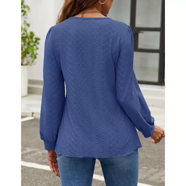 ZESICA Long Sleeve Eyelet Tops for Womens Crew Neck Fall Shirts Casual Loose Blouses 2024 Trendy ClothesDarkblue