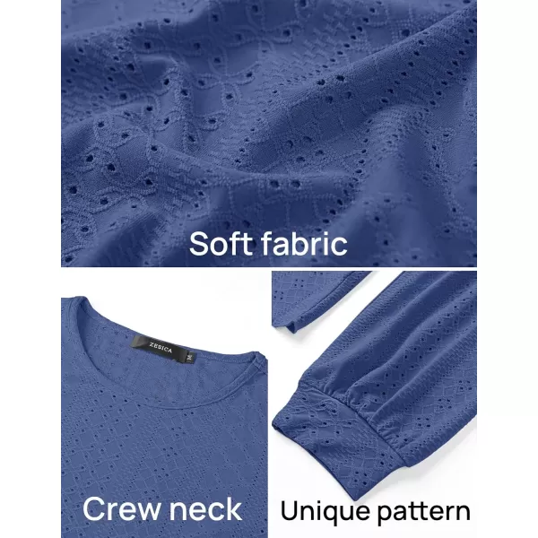 ZESICA Long Sleeve Eyelet Tops for Womens Crew Neck Fall Shirts Casual Loose Blouses 2024 Trendy ClothesDarkblue