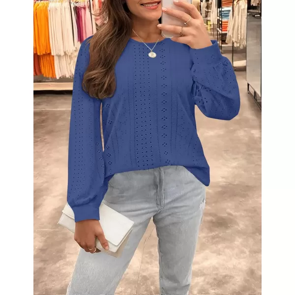 ZESICA Long Sleeve Eyelet Tops for Womens Crew Neck Fall Shirts Casual Loose Blouses 2024 Trendy ClothesDarkblue