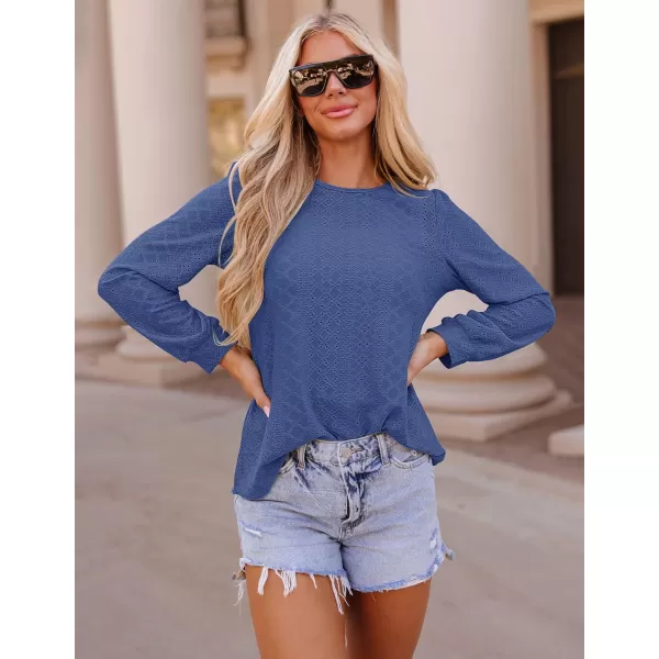 ZESICA Long Sleeve Eyelet Tops for Womens Crew Neck Fall Shirts Casual Loose Blouses 2024 Trendy ClothesDarkblue