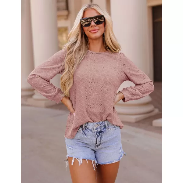 ZESICA Long Sleeve Eyelet Tops for Womens Crew Neck Fall Shirts Casual Loose Blouses 2024 Trendy ClothesDusty Pink