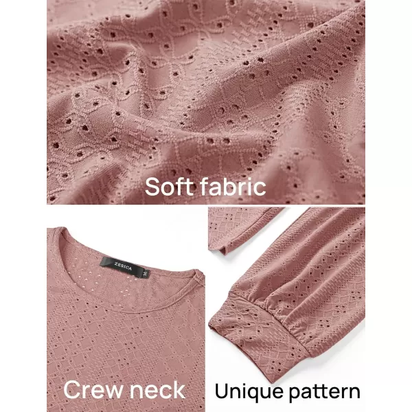 ZESICA Long Sleeve Eyelet Tops for Womens Crew Neck Fall Shirts Casual Loose Blouses 2024 Trendy ClothesDusty Pink