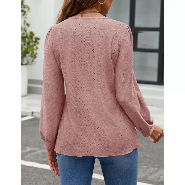 ZESICA Long Sleeve Eyelet Tops for Womens Crew Neck Fall Shirts Casual Loose Blouses 2024 Trendy ClothesDusty Pink