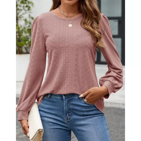 ZESICA Long Sleeve Eyelet Tops for Womens Crew Neck Fall Shirts Casual Loose Blouses 2024 Trendy ClothesDusty Pink