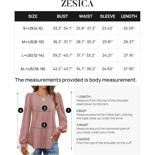 ZESICA Long Sleeve Eyelet Tops for Womens Crew Neck Fall Shirts Casual Loose Blouses 2024 Trendy ClothesDusty Pink