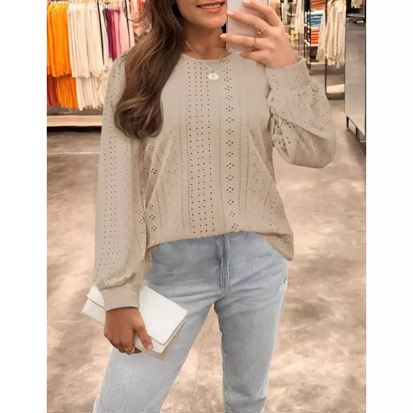ZESICA Long Sleeve Eyelet Tops for Womens Crew Neck Fall Shirts Casual Loose Blouses 2024 Trendy ClothesGrey Apricot