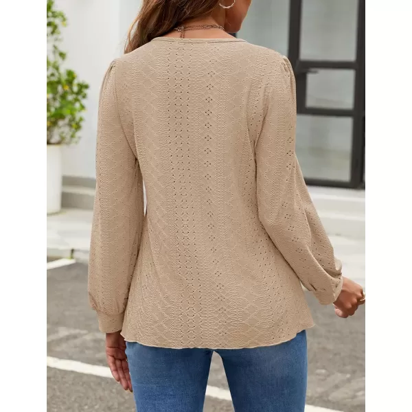 ZESICA Long Sleeve Eyelet Tops for Womens Crew Neck Fall Shirts Casual Loose Blouses 2024 Trendy ClothesGrey Apricot
