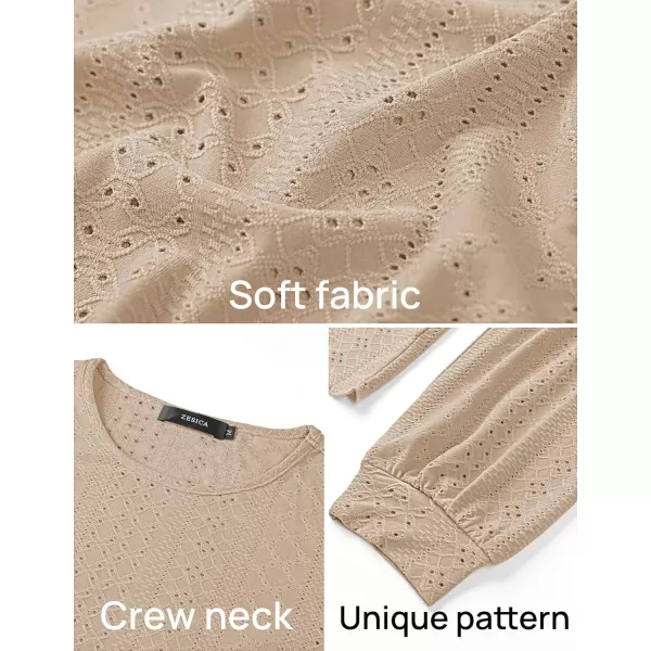ZESICA Long Sleeve Eyelet Tops for Womens Crew Neck Fall Shirts Casual Loose Blouses 2024 Trendy ClothesGrey Apricot