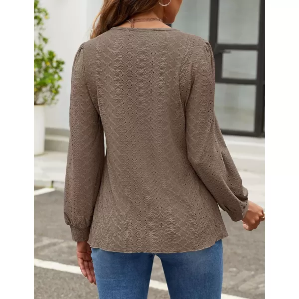 ZESICA Long Sleeve Eyelet Tops for Womens Crew Neck Fall Shirts Casual Loose Blouses 2024 Trendy ClothesGreytaupe