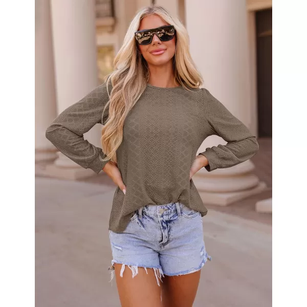 ZESICA Long Sleeve Eyelet Tops for Womens Crew Neck Fall Shirts Casual Loose Blouses 2024 Trendy ClothesGreytaupe