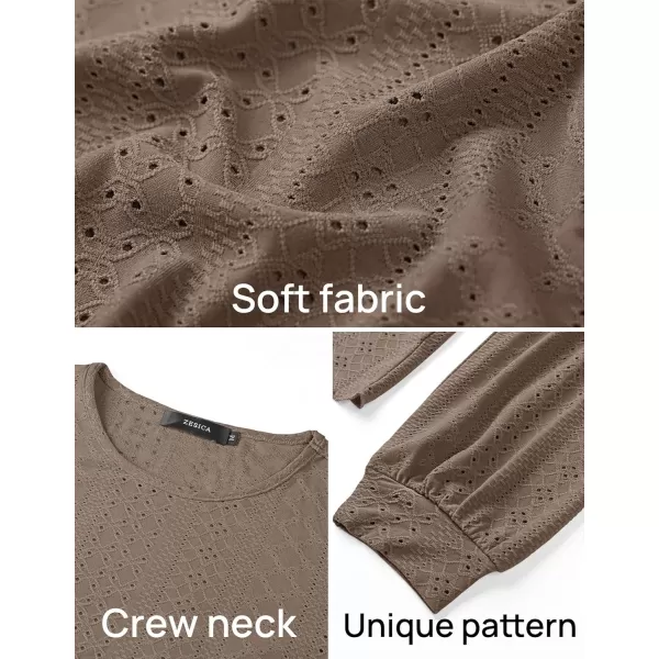 ZESICA Long Sleeve Eyelet Tops for Womens Crew Neck Fall Shirts Casual Loose Blouses 2024 Trendy ClothesGreytaupe