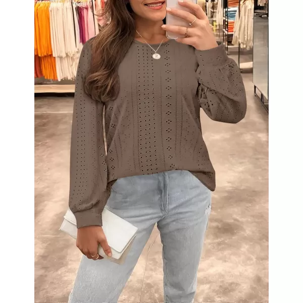 ZESICA Long Sleeve Eyelet Tops for Womens Crew Neck Fall Shirts Casual Loose Blouses 2024 Trendy ClothesGreytaupe