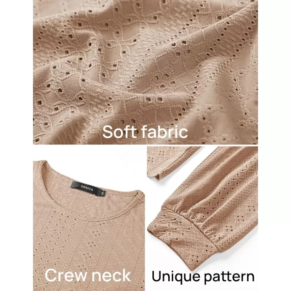 ZESICA Long Sleeve Eyelet Tops for Womens Crew Neck Fall Shirts Casual Loose Blouses 2024 Trendy ClothesKhaki