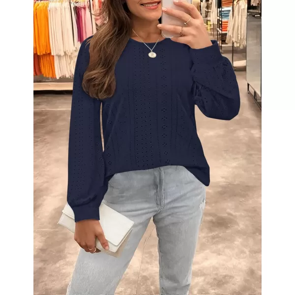 ZESICA Long Sleeve Eyelet Tops for Womens Crew Neck Fall Shirts Casual Loose Blouses 2024 Trendy ClothesNavy